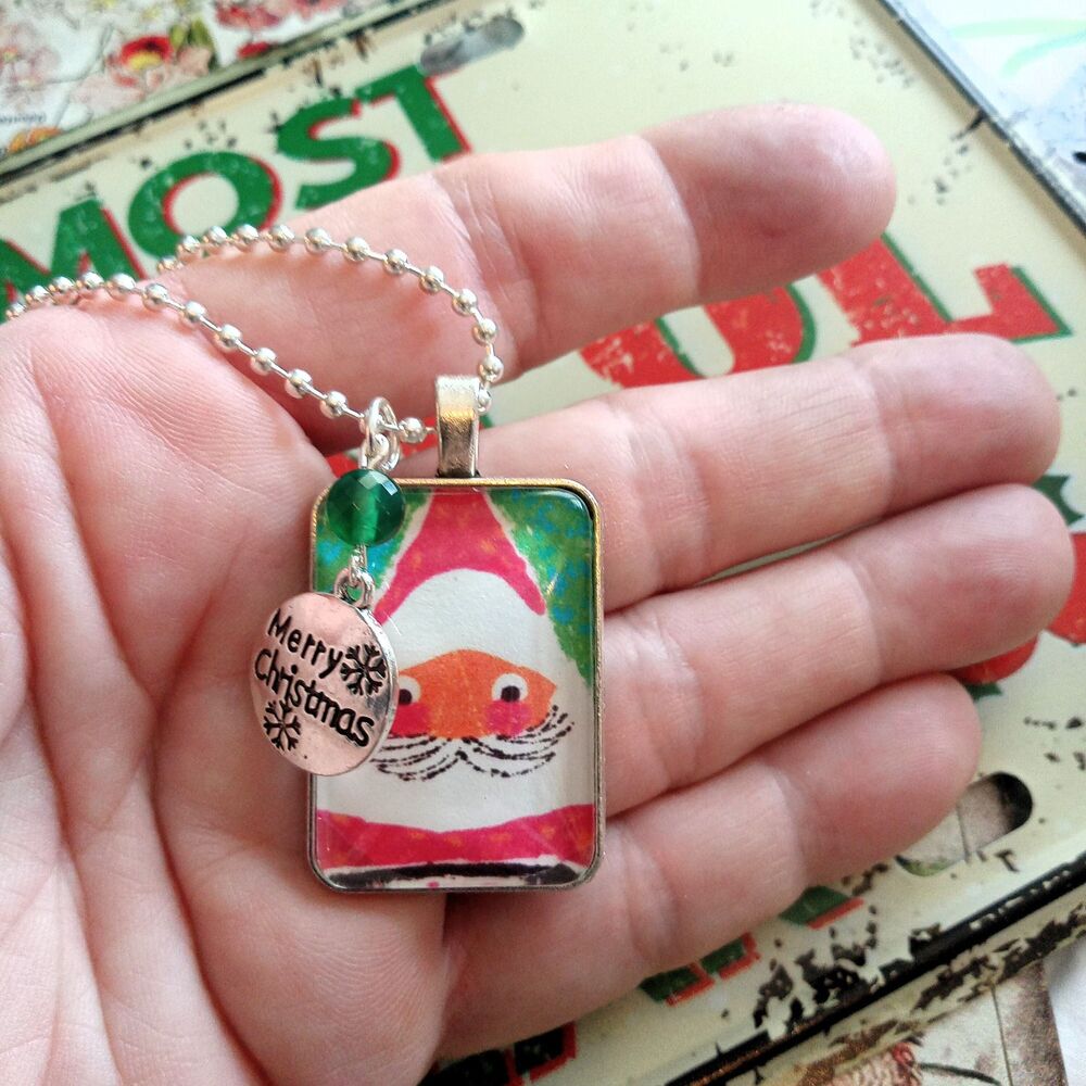 Whimsical Santa Glass Pendant Necklace with Charm